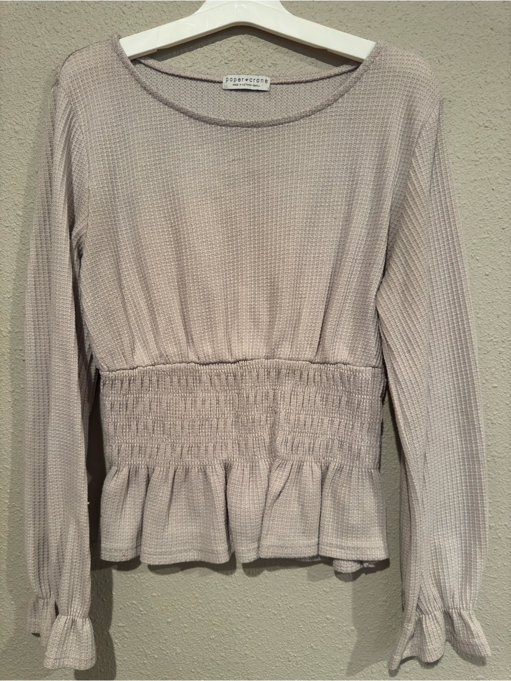 Paper Crane Long-Sleeve Smocked Peplum Top in Light Taupe